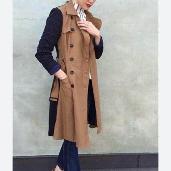 Anthropologie Harlyn Color-blocked Plaid Tan and Blue Trench Coat M - Picture 9 of 16